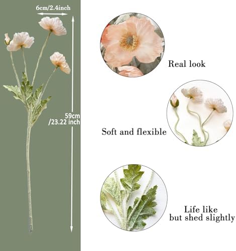 Kainonnan Artificial Poppy Flowers 5Pcs Set Champagne