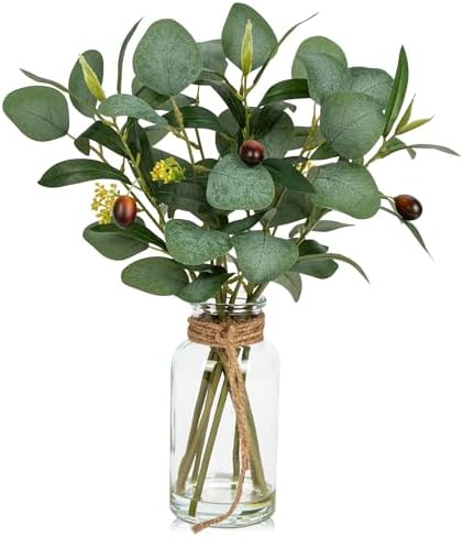 Briful Artificial Eucalyptus Stems in Glass Vase with Faux Water
