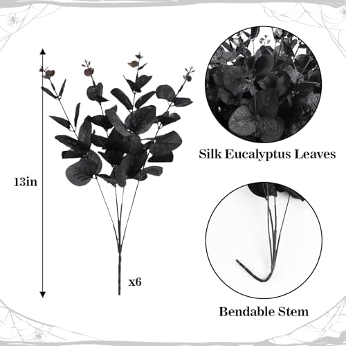 6 Pcs Black Eucalyptus Stems for Halloween Decor