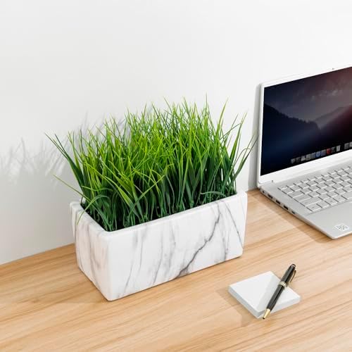 MyGift 10 Inch Artificial Green Grass in White Marble Ceramic Planter