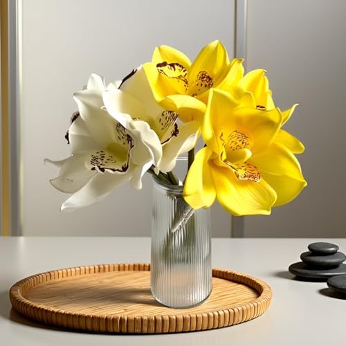 8Pcs Real Touch Artificial Orchids Bouquet Set White and Yellow