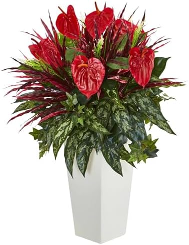 Nearly Natural Mixed Anthurium Artificial Plant in White Tower Vase 1