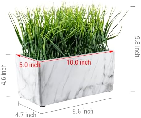 MyGift 10 Inch Artificial Green Grass in White Marble Ceramic Planter
