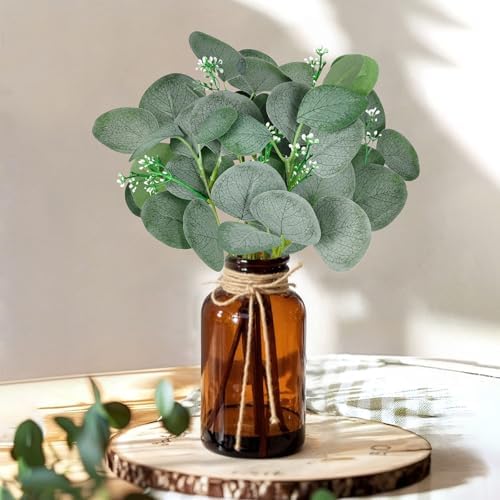 DomeStar 7pcs Artificial Eucalyptus in Brown Vase