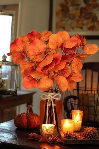 Briful Artificial Eucalyptus in Amber Glass Vase with Faux Water 14 Inch