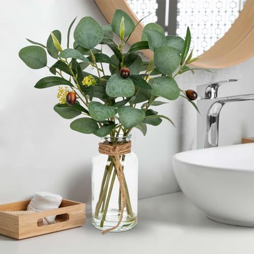 Briful Artificial Eucalyptus Stems in Glass Vase with Faux Water