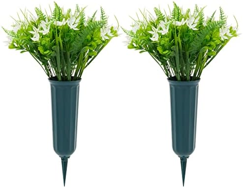 Bright Creations White Artificial Flowers with 2 Cone Vases for Cemetery