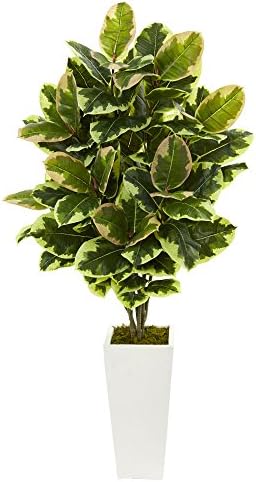 Nearly Natural Variegated Rubber Leaf Plant in White Tower Vase