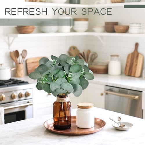 DomeStar 7pcs Artificial Eucalyptus in Brown Vase