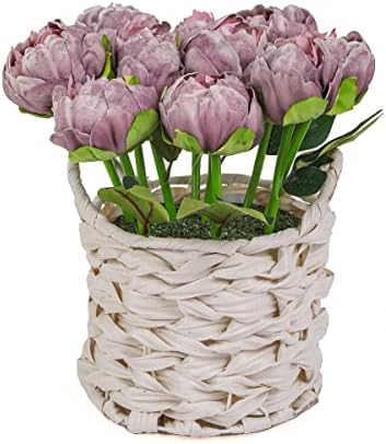 National Tree Company Artificial Peony Flower Bouquet with White Basket