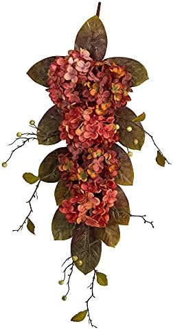 Nearly Natural 35 Inch Autumn Hydrangea and Berry Artificial Fall Teardrop