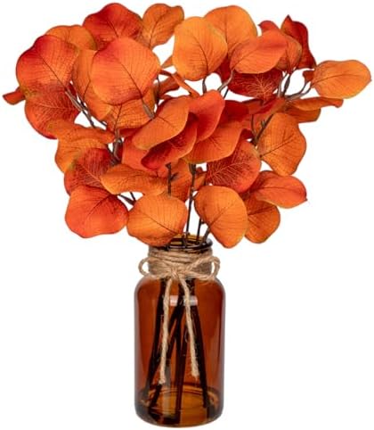 Briful Artificial Eucalyptus in Amber Glass Vase with Faux Water 14 Inch