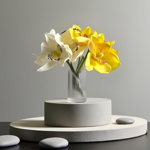 8Pcs Real Touch Artificial Orchids Bouquet Set White and Yellow