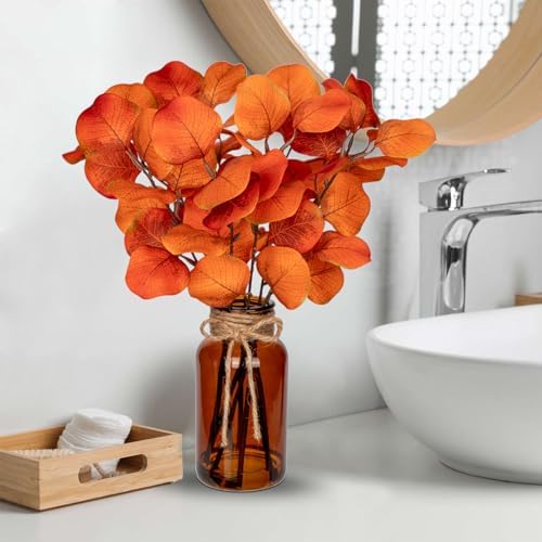 Briful Artificial Eucalyptus in Amber Glass Vase with Faux Water 14 Inch
