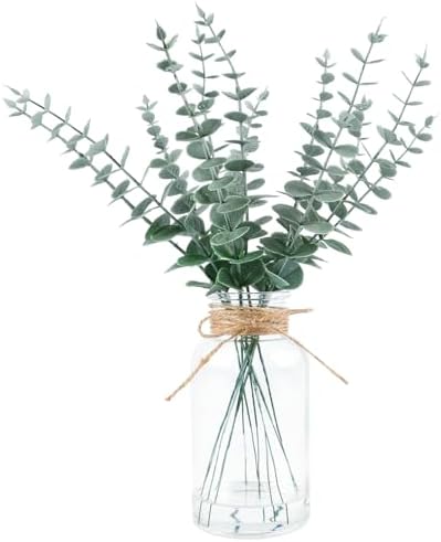 Lovmeety Artificial Eucalyptus Stems with Faux Water in Glass Vase