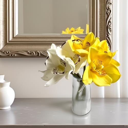 8Pcs Real Touch Artificial Orchids Bouquet Set White and Yellow