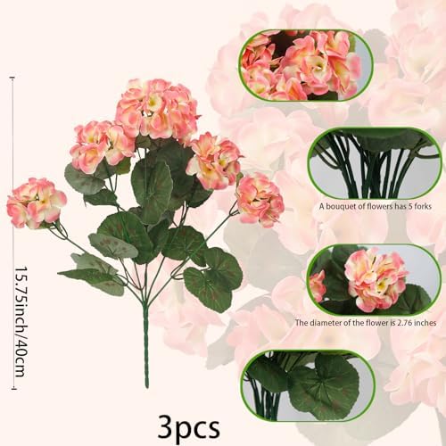 3 Pcs Artificial Geranium Flowers for Outdoor Decor