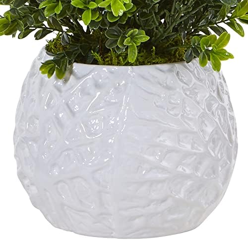 Nearly Natural Boxwood Evergreen Artificial Plant in White Vase