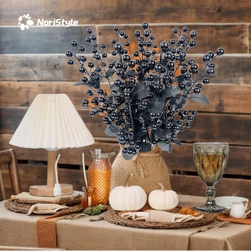10 Pcs Black Berry Stems for Halloween Decor