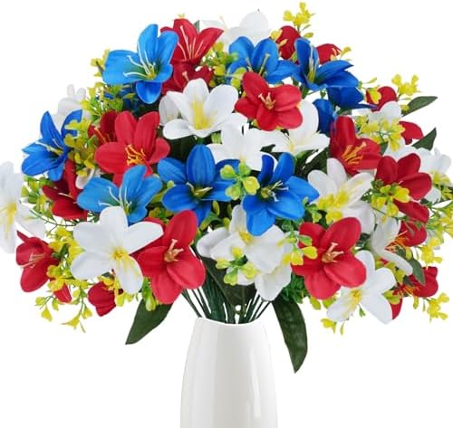 6 Bundles Patriotic Artificial Lily Flowers Red White Blue