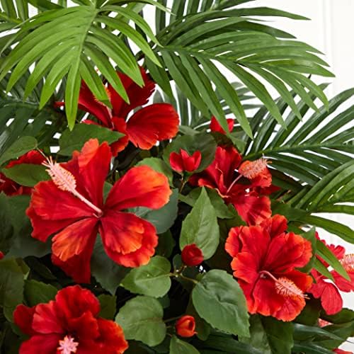 Nearly Natural Hibiscus and Areca Palm Artificial Plant in White Bowl 1