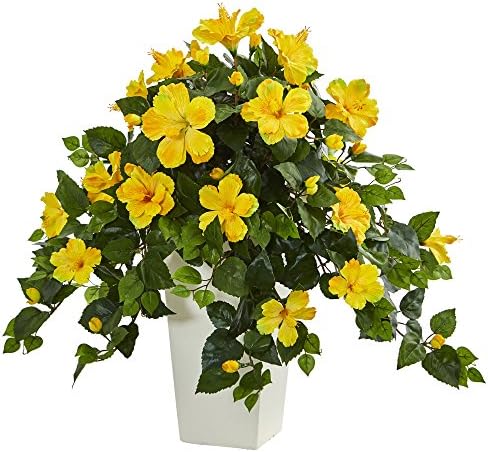 Nearly Natural Hibiscus Artificial Plant in White Tower Planter 1