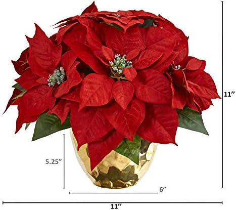 Nearly Natural Poinsettia Artificial Arrangement in Golden Vase 1