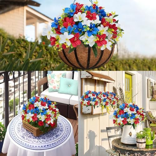 6 Bundles Patriotic Artificial Lily Flowers Red White Blue