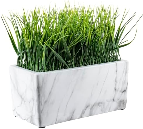 MyGift 10 Inch Artificial Green Grass in White Marble Ceramic Planter