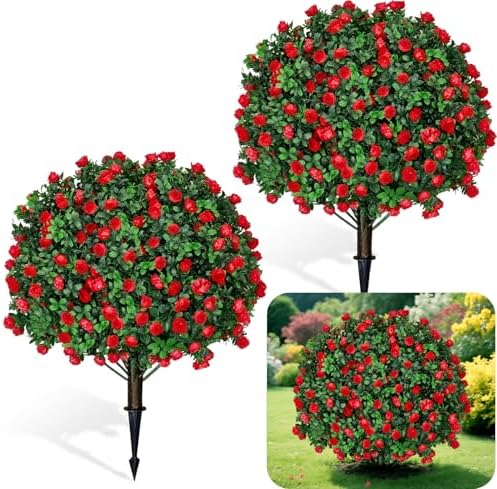 Artificial Red Topiary Ball Trees 2 Pack UV Resistant