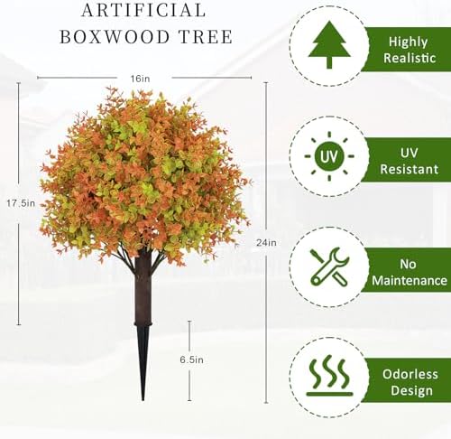 Artificial Fall Boxwood Plants Set of 2 UV Resistant Outdoor Topiary Trees