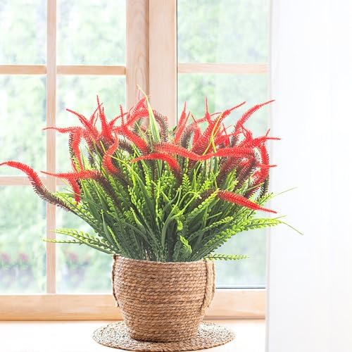 10 Bundles Artificial Plants Outdoor Fake Grass with Flowers UV Resistant