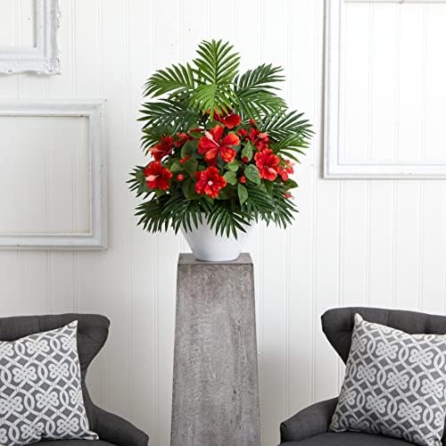 Nearly Natural Hibiscus and Areca Palm Artificial Plant in White Bowl 1