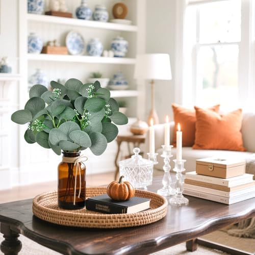 DomeStar 7pcs Artificial Eucalyptus in Brown Vase