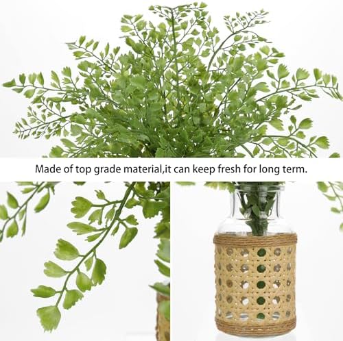 Faux Greenery Stems Artificial Fern Plant in Glass Vase with Woven Cover