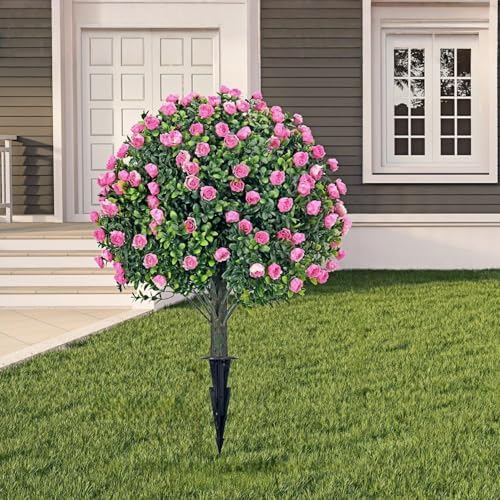 Set of 2 Artificial Boxwood Topiary Ball Trees with Pink Flowers
