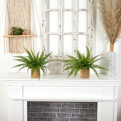 Nearly Natural Boston Fern with Burlap Planter Set of 2