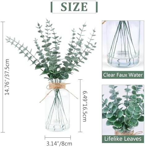 Lovmeety Artificial Eucalyptus Stems with Faux Water in Glass Vase