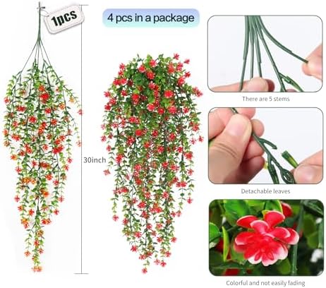SJL Artificial Hanging Plants 4pcs Red Fake Fern Ivy Decor