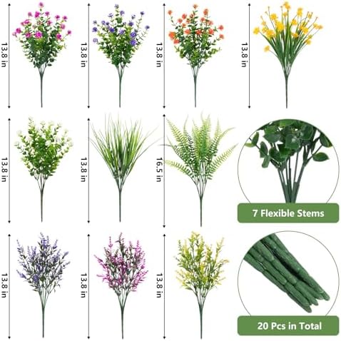Bassion 20 Bundles Artificial Flowers for Outdoor Decor