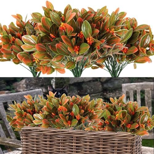 RECUTMS Artificial Mums for Outdoor Fall Vase Filler 10 Pack Tangerine
