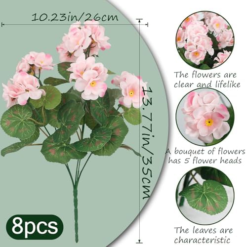 8 Pcs Artificial Geraniums Pink For Garden Home Decor