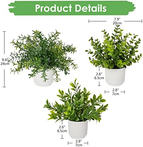 Hollyone 3 Pack Artificial Potted Plants Eucalyptus Rosemary ZZ Plant