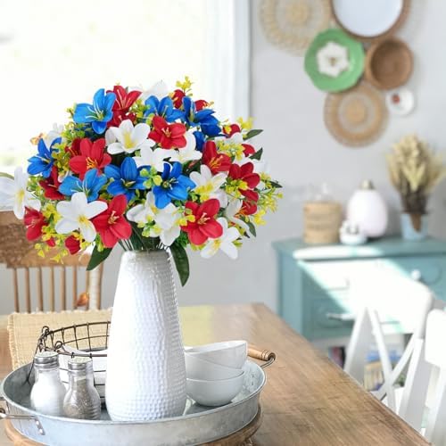 6 Bundles Patriotic Artificial Lily Flowers Red White Blue