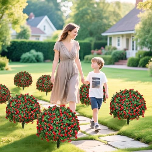 Artificial Red Topiary Ball Trees 2 Pack UV Resistant
