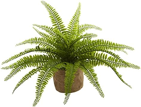 Nearly Natural Boston Fern with Burlap Planter Set of 2