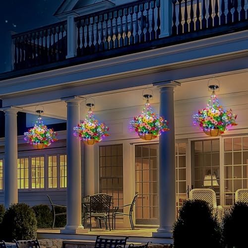 Solar Lighted Fake Flowers Basket for Outdoor Decor