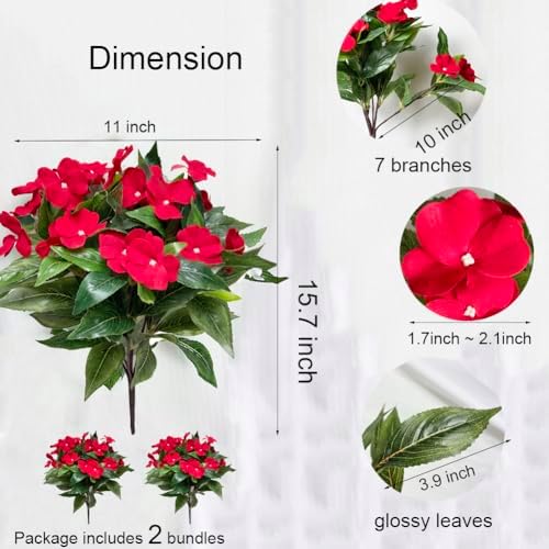 Artificial Impatiens Flowers 2PCS Red Outdoor Indoor Decor