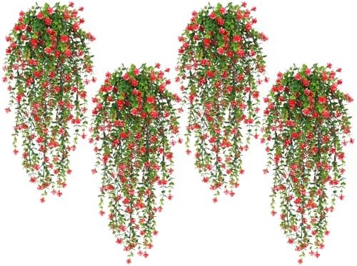 SJL Artificial Hanging Plants 4pcs Red Fake Fern Ivy Decor