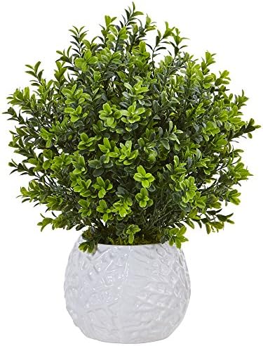 Nearly Natural Boxwood Evergreen Artificial Plant in White Vase